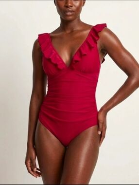 cushe Deep V Ruffle One-Piece Swimsuit - Burgundy